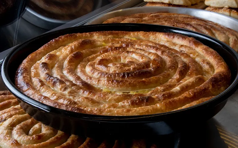 Spiral pite baked in a round black pan at Mama Mantia